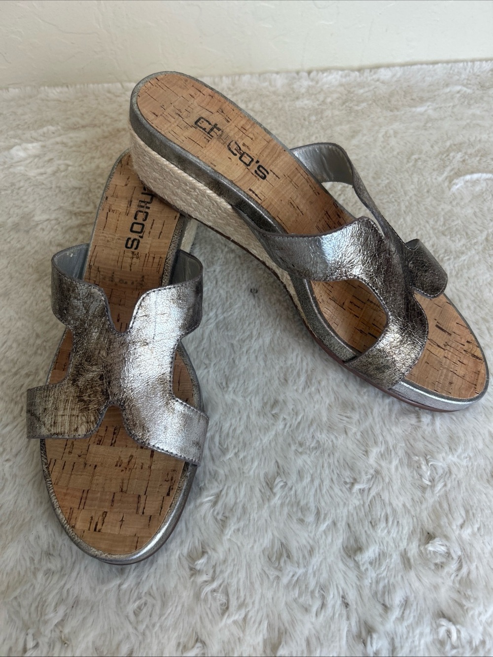 CHICO'S Metallic Gold H design Slip-on Sandals Cork Wedge Sole 10 M